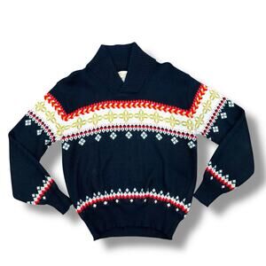Vintage 60s Contari Men’s Size L Black Fair Isle Shawl Collar Nordic Sweater 70s